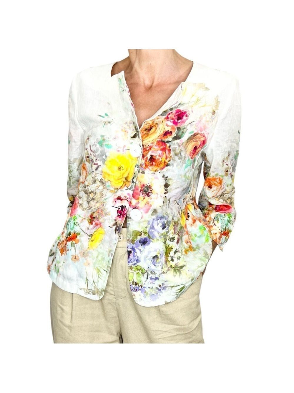 Steilmann Germany pure linen white colourful floral 3/4 sleeve summer jacket 10